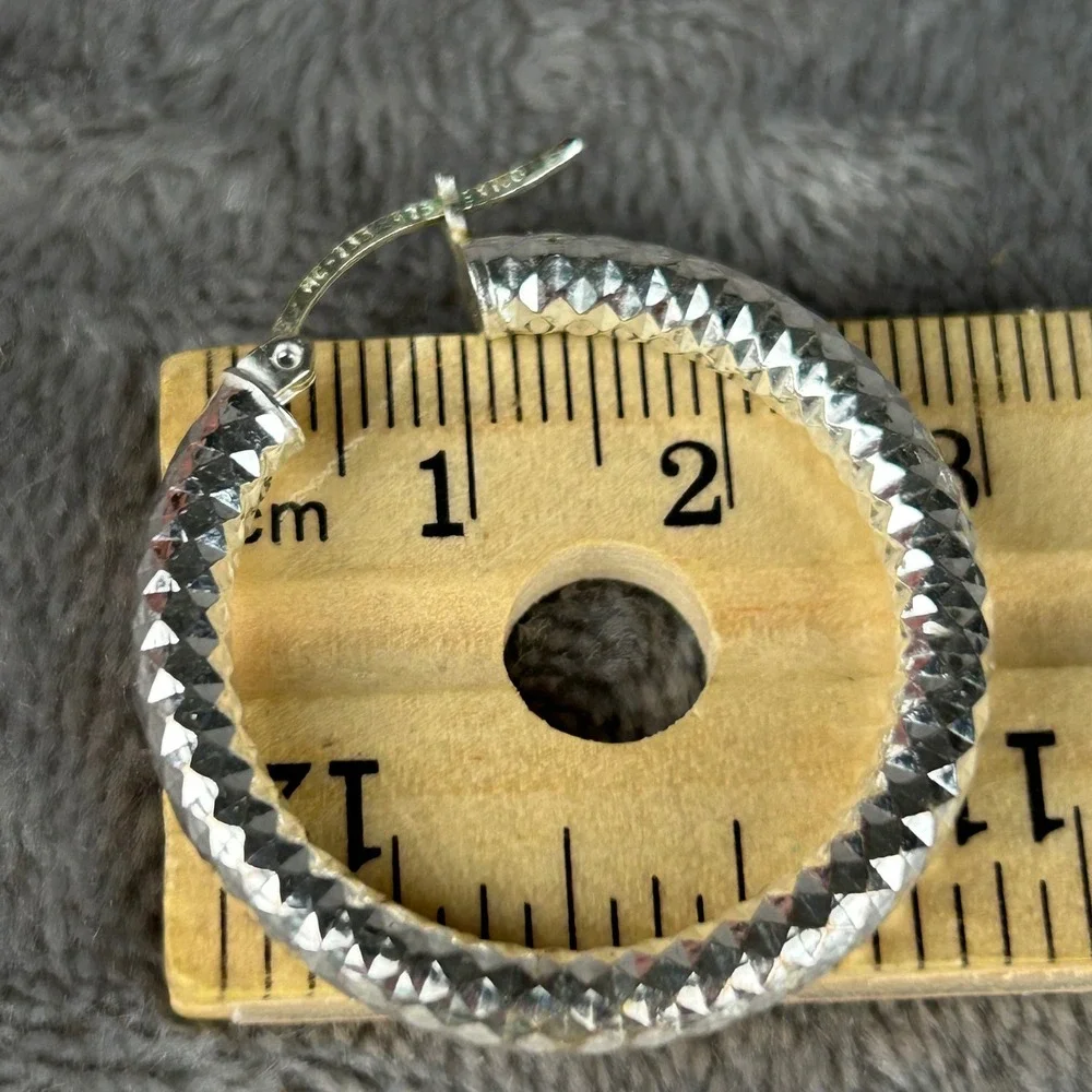 Sterling Silver 925 Mexico Diamond‎ Cut Hoop Earrings 30mm Textured Silver Hoops